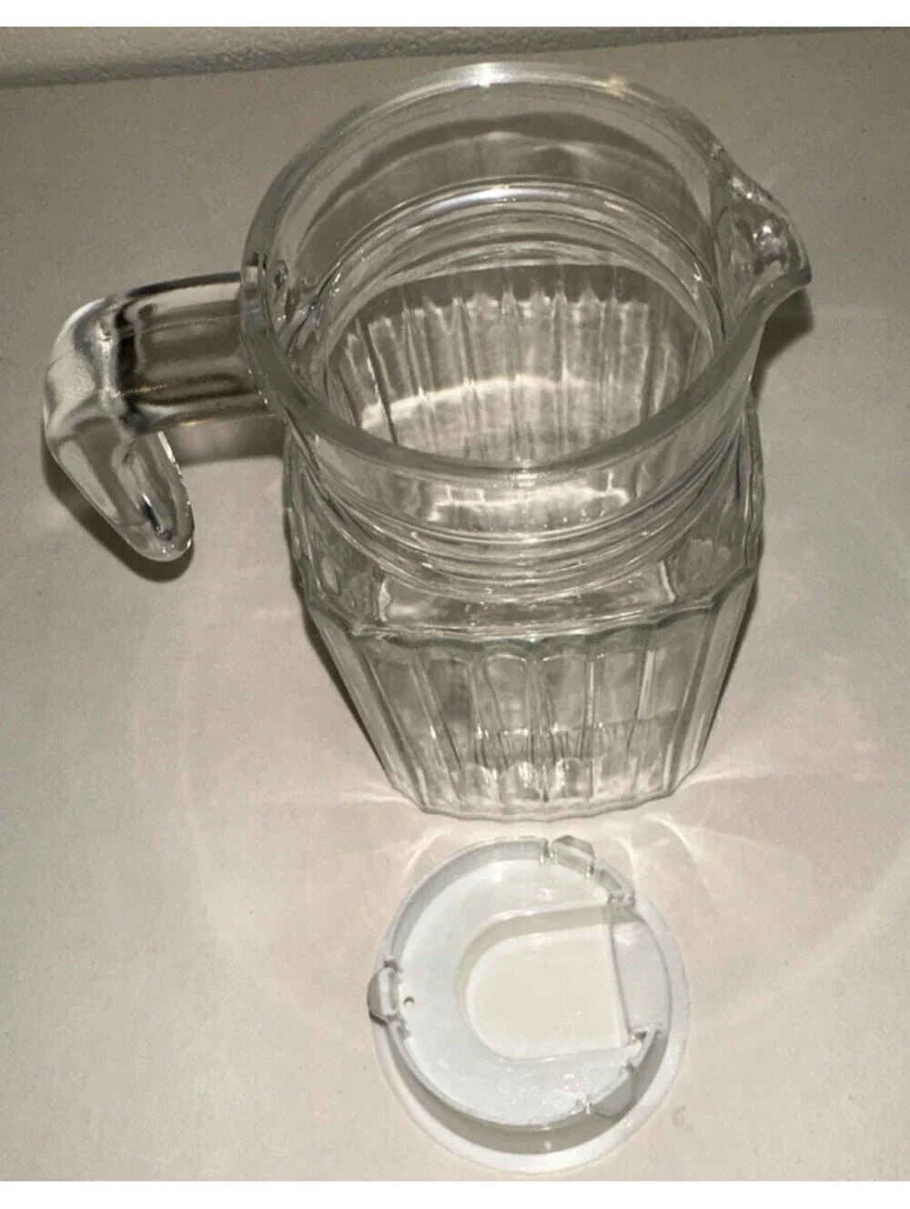 Vintage ARC Glass Small 16 oz Ribbed Pitcher With White Lid